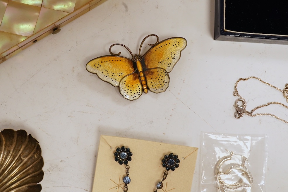 A mixed collection of silver, jewellery and other items including a Norwegian sterling and enamel butterfly brooch, width 61mm, a set of late Victorian shell salts, 925 pendants and rings, brooches, mother of pearl card